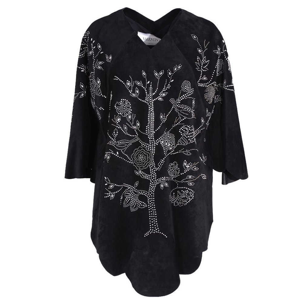 Valentino Embellished Leather Poncho Cape Black